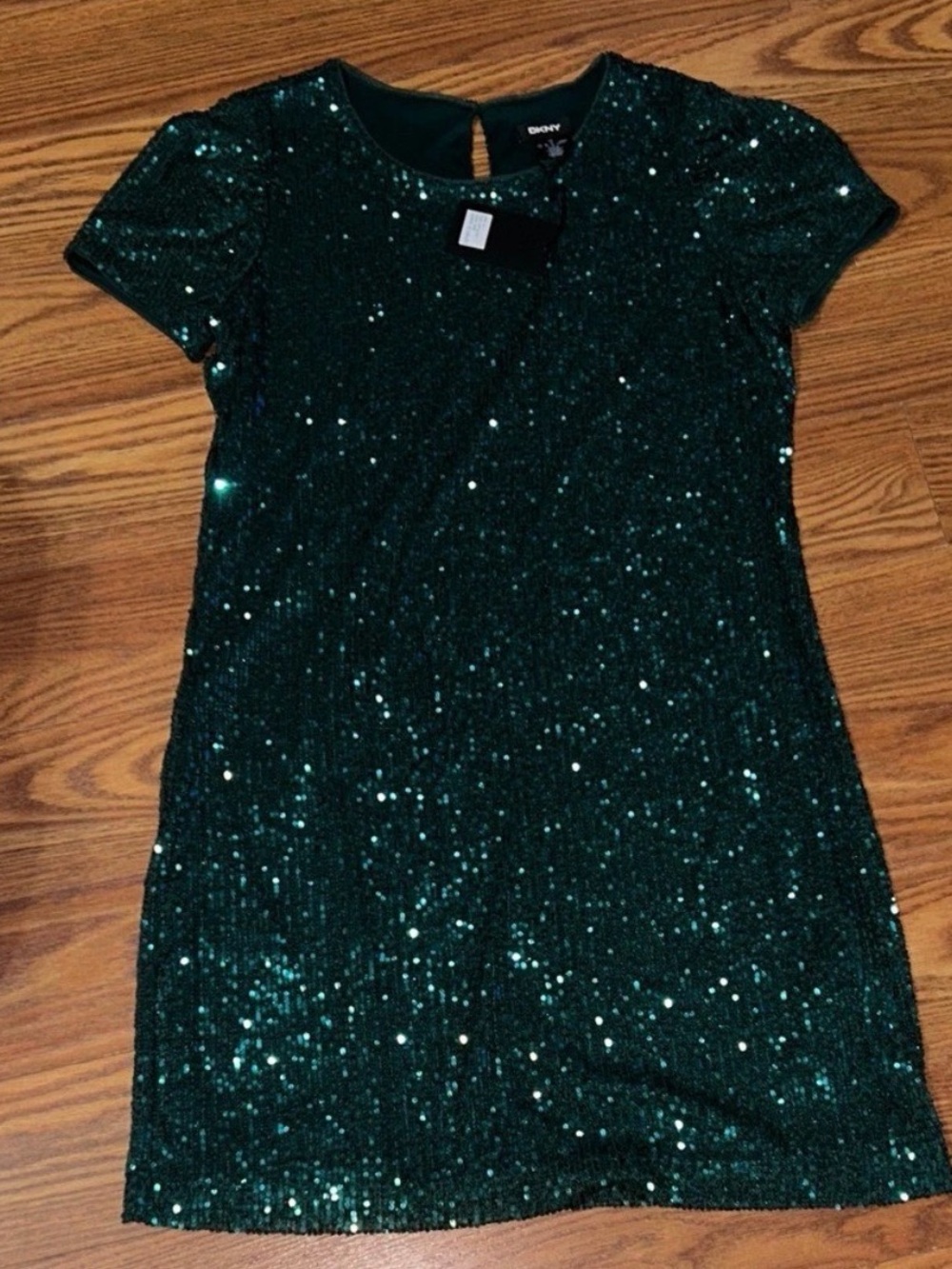 NWT DKNY Emerald Green Sequined Crewneck, Stretch, Keyhole Closure Size 12